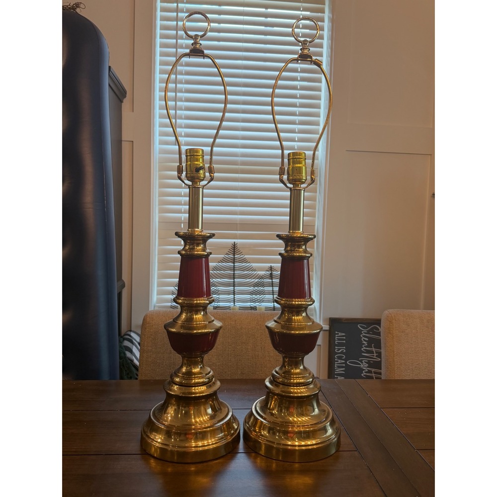 Vintage‎ Brass Buffet Table Lamps Pair Hollywood Regency Burgundy Red Enamel 30"